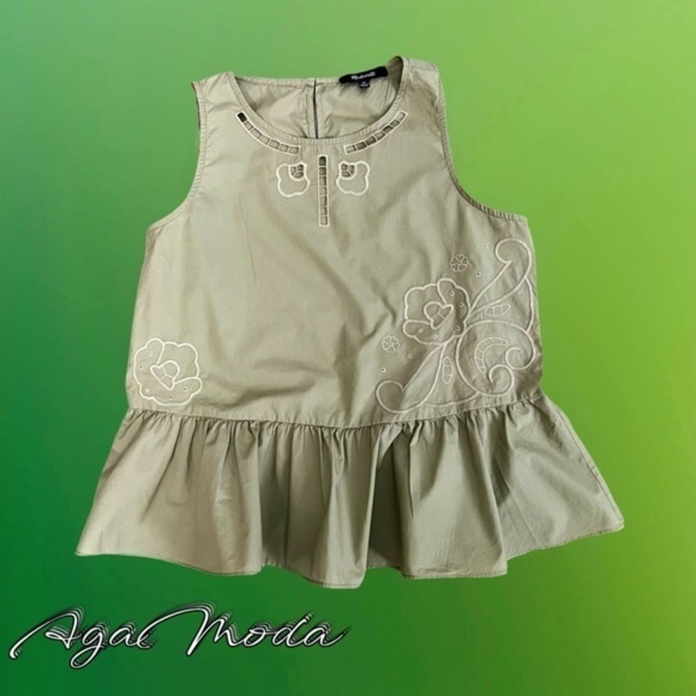 Madewell Khaki Embroidered Top with Ruffled Hem